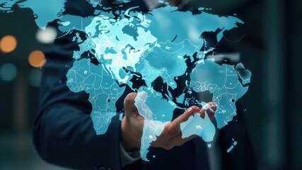 A businessman holds a blue world map, ready for travel or planning