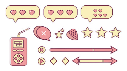 Cute Pixel UI Icon Set in Pastel Pink and Yellow &ndash; Hearts, Stars, Arrows, Chat Bubbles, Retro Device, Game Buttons & Status Indicators for RPG, Mobile Games, Pixel Art HUD & Game UI Design