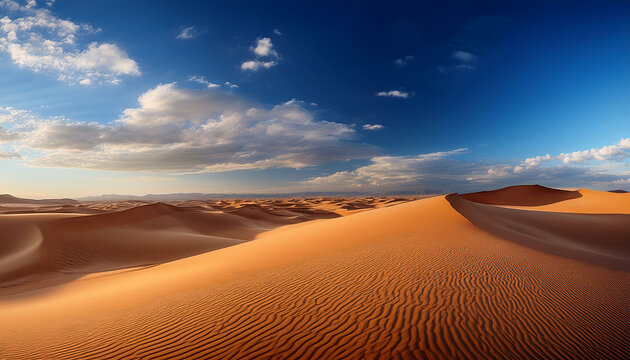 experience a serene desert landscape featuring rolling sand dunes beneath a majestic sky filled with fluffy clouds evoking a sense of peace and natural beauty
