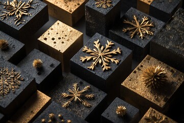 Elegant golden snowflakes and abstract shapes adorn dark textured blocks, creating a luxurious festive winter holiday composition.