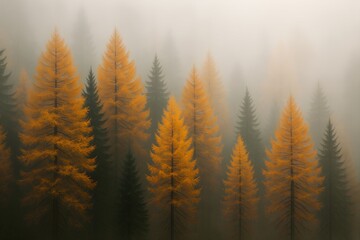 Autumnal Majesty Misty Forest Scenery Orange and Green Trees in Thick Fog Beautiful Nature Landscape Serene and Atmospheric