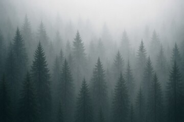 Misty Forest of Evergreens Serene Woodland Landscape with Dense Fog and Dark Green Coniferous Trees Nature's Tranquil Beauty