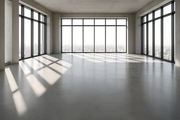 Bright Modern Empty Room with Large Windows and Concrete Interior for Commercial or Residential Use