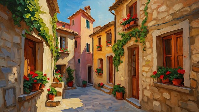 Sunny Mediterranean Street Scene Stone Buildings Red Flowers Ivy