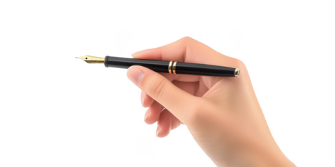 Hand holding fountain pen on transparent png background