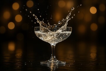 Elegant Coupe Glass Filled with Splashing Liquid Against a Warm Bokeh Background in a Captivating Dark Setting