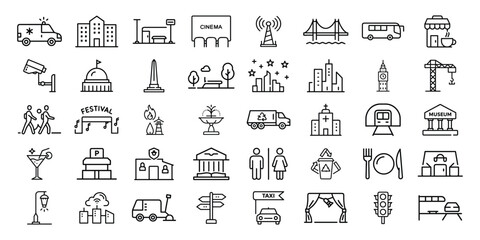Collection of city icons representing urban buildings, transportation, and landmarks in a vector format