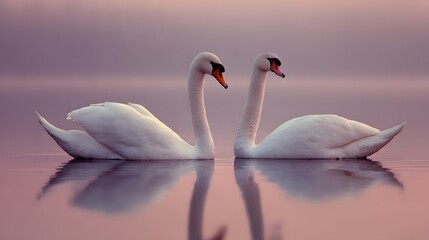 Fototapeta premium Two swans gracefully glide on tranquil water.