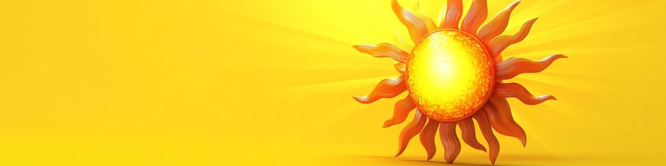 Bright 3D vector sun icon with glowing rays on a vibrant yellow background