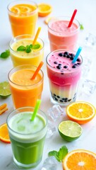 Fototapeta premium Assortment of colorful fruit smoothies and juices in glasses with fresh fruit and mint