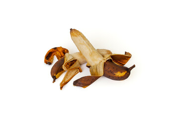 Two over riped peeled bananas, close up isolated on white background