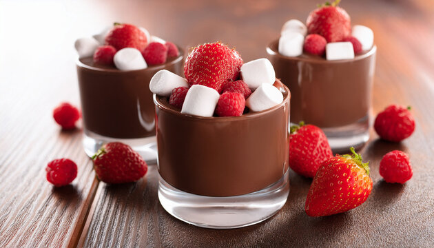 delicious chocolate dessert with marshmallows raspberries strawberries - Powered by Adobe