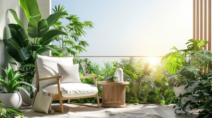 A serene balcony scene featuring a wooden table, white chair, and lush green plants against a sunny sky backdrop, perfect for relaxation.