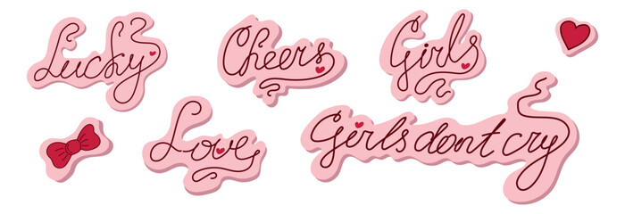 Girly phrases with flirty aesthetics and romantic handwritten Valentine's Day inscriptions. Happy Valentine's Day. Pink vector illustration for stickers, labels, scrapbook and personal diary design.