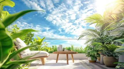 A serene balcony scene featuring a wooden table, white chair, and lush green plants against a sunny sky backdrop, perfect for relaxation.