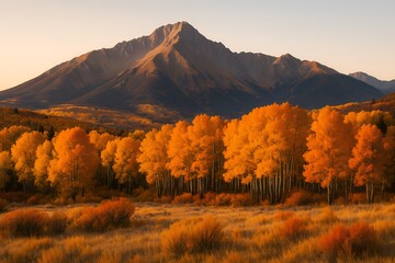 Autumnal Splendor Golden Aspen Trees Against Majestic Mountains at Sunset a Landscape of Breathtaking Natural Beauty and Serenity