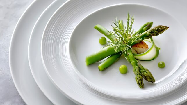 Tiny asparagus portions served on elegant white plates symbolize rising food costs and shrinking serving sizes