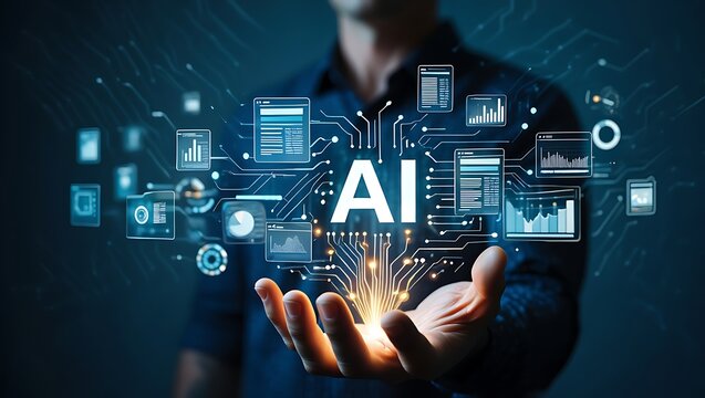 Artificial Intelligence Concept with Data Visualization and Human Hand a Futuristic Digital Transformation Illustration Depicting Machine Learning and Technology Integration - Powered by Adobe