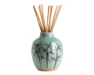 Serene teal ceramic vase with bamboo design and aroma diffuser reed sticks transparent background