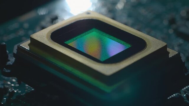 Lines of program code moves on a video matrix located on the printed circuit board. Closeup. Macro. Shallow depth of field