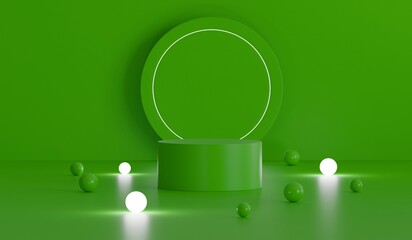 green product presentation platform, podium stand neon lights with small balls glowing