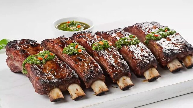 Juicy, charred beef ribs from an Argentine asado, glazed with a chimichurri drizzle and fresh herbs. Served on a white wooden board with a clean white background, emphasizing the smoky texture.