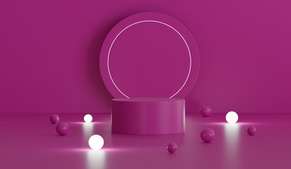 Purple product presentation platform, podium stand neon lights with small balls glowing