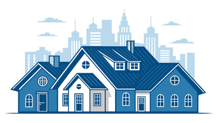 Charming blue suburban homes with a city skyline backdrop, perfect for real estate or community concepts