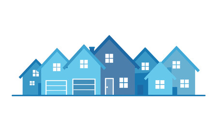 Diverse blue houses create a welcoming neighborhood scene, perfect for real estate or community themes