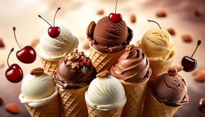 an irresistible collection of ice cream cones featuring rich chocolate nut toppings cherries and delicious scoops