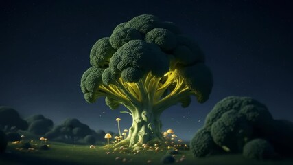 Enchanting Broccoli Tree at Night - A surreal digital illustration depicts a giant broccoli head as a tree, glowing softly from within, surrounded by small glowing mushrooms in a nighttime setting