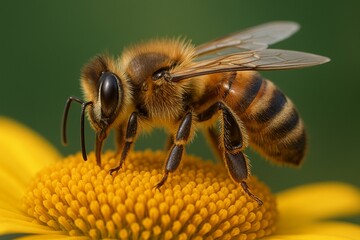 Detailed Close Up of a Honeybee Gathering Nectar from a Vibrant Yellow Flower in Natural Light Setting