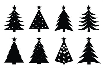 Collection of eight festive christmas tree silhouettes isolated on white background
