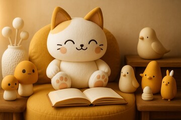 Plush Cat Toy Surrounded by Friends Reading an Open Book with a Soft Cozy Aesthetic