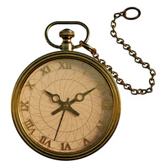 Antique gold clock with chain on transparent background. 3d Render	