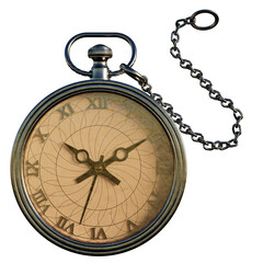 Antique silver clock with chain on transparent background. 3d Render	