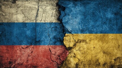 Grunge Texture Background Showing Cracked Walls of Russian and Ukrainian Flags in a Worn and Distressed Style