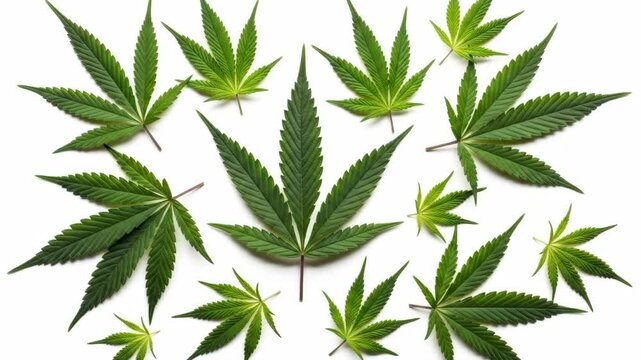 Cannabis Leaf Flatlay - A collection of various-sized cannabis leaves arranged on a white background. The leaves are vibrant green and showcase the plant's distinct morphology.