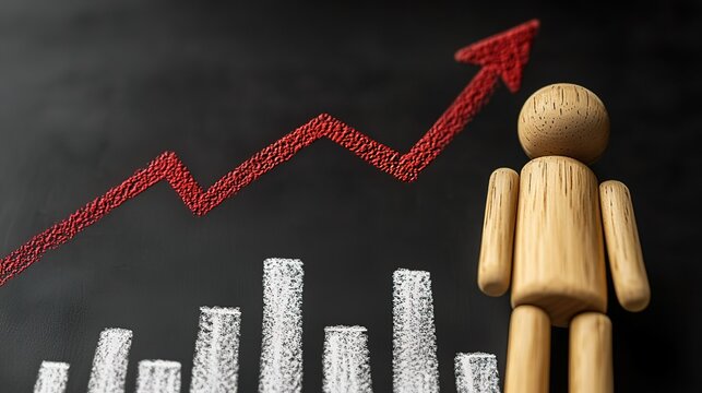 Wooden Mannequin Standing Next to Rising Red Graph and White Bar Chart on Black Background