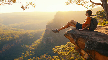 A person sitting on the edge of a cliff overlooking a majestic landscape of mountains and valleys below