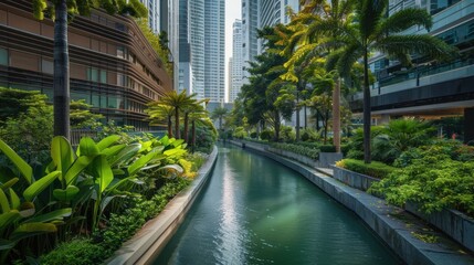 Contemporary residential architecture bordered by greenery and a tranquil water channel creates a serene urban environment.