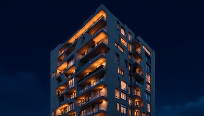 Fototapeta premium A towering residential structure pierces the inky expanse of night, its facade defined by a dynamic rhythm of zigzagging balconies