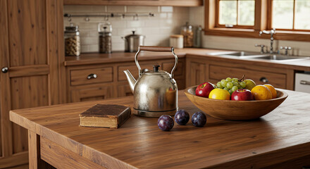 Kitchen Still Life with Kettle Fruit Plums and Old Book.