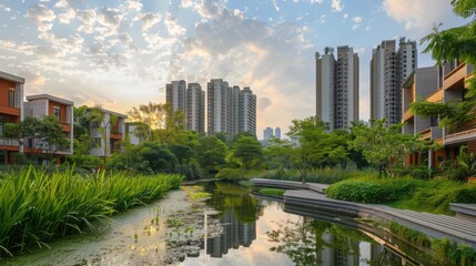 Contemporary residential architecture bordered by greenery and a tranquil water channel creates a serene urban environment.