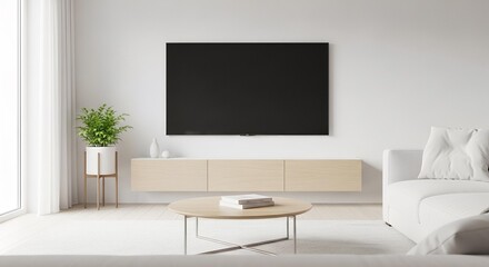 Modern living room with black television and minimalist furniture