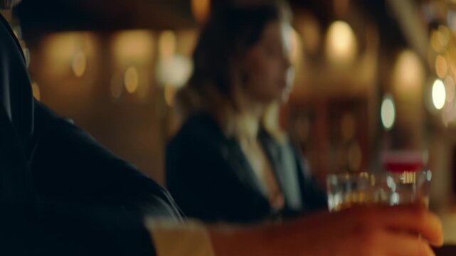 Beautiful Caucasian couple having a date in a stylish restaurant, talking and laughing. Shot with 2x anamorphic lens