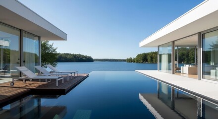 Fototapeta premium Modern lakeside villa with infinity pool and lounge chairs