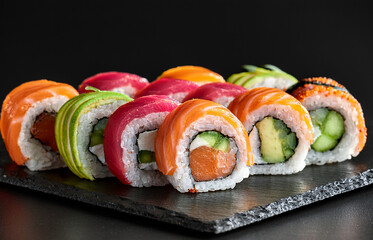 Colorful assorted sushi rolls with salmon, tuna, avocado, and cucumber, on a black stone plate, minimal background, perfect for advertising
