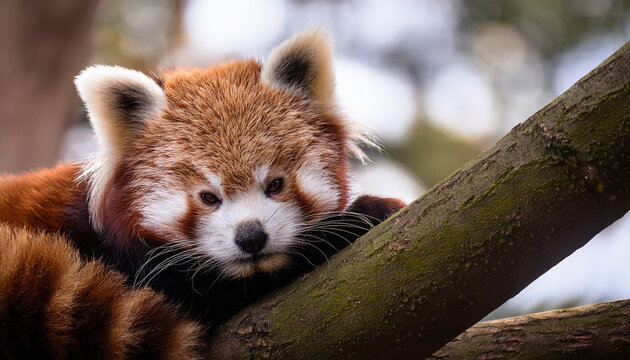 relaxed red panda cozying up on a tree branch in a forest setting