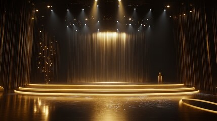Empty stage with golden curtains, spotlights, and a podium, ready for an award ceremony or performance.